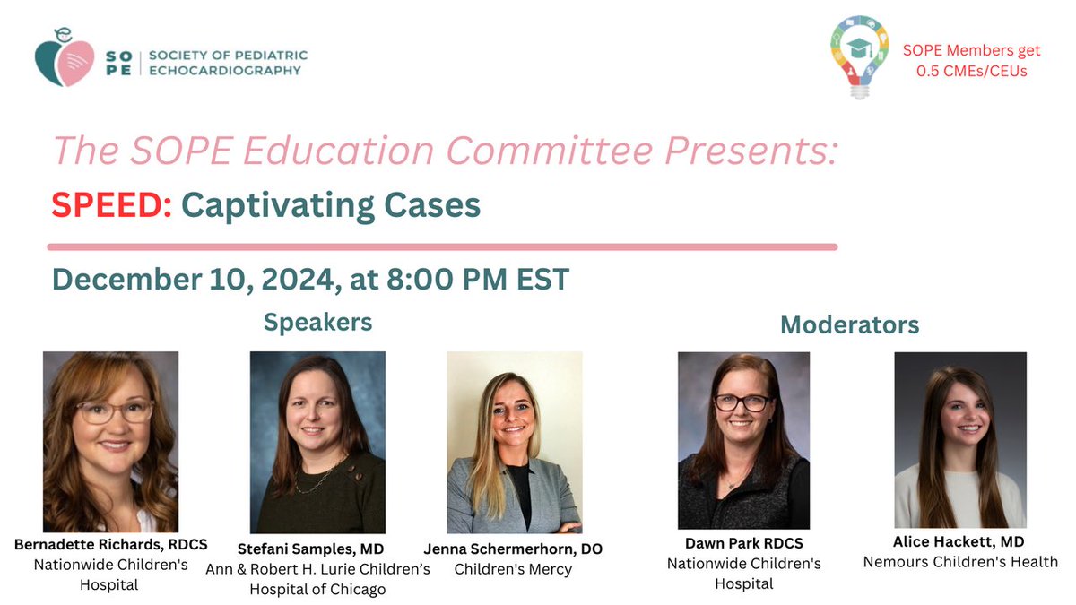 SOCIETY OF PEDIATRIC ECHOCARDIOGRAPHY (@sopedsecho) on Twitter photo Weāre back this week with a December SPEED webinar, āCaptivating Casesā with <a href="/BernadetteEcho/">Bernadette Richards</a> <a href="/stefmd2010/">Stefani S</a> & Dr. Jenna Schermerhorn, moderated by Dawn Park, RCDS & Dr. Alice Hackett.
šļø: Tuesday, December 10, 2024
ā°: 8 PM EST
See link below to register:
tinyurl.com/CaptivatingCas⦠Weāre back this week with a December SPEED webinar, āCaptivating Casesā with <a href="/BernadetteEcho/">Bernadette Richards</a> <a href="/stefmd2010/">Stefani S</a> & Dr. Jenna Schermerhorn, moderated by Dawn Park, RCDS & Dr. Alice Hackett.
šļø: Tuesday, December 10, 2024
ā°: 8 PM EST
See link below to register:
tinyurl.com/CaptivatingCasā¦
