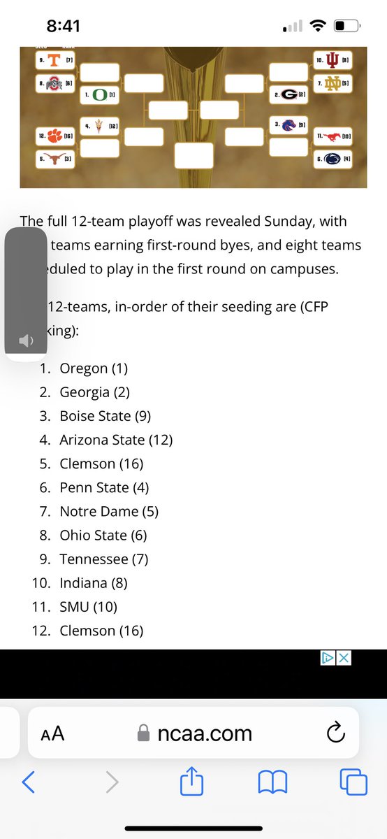 brianmaxcy11's tweet photo. This CFP bracket is an absolute joke. Rank the 12 best teams (or whatever the #) &amp; rock on. Boise, Clemson, Penn St, ND, IU, SMU - c’mon man. @NCAA @CFBPlayoff You should be ashamed &amp; disappointed. CFB deserves better. https://t.co/murQ1URaZn