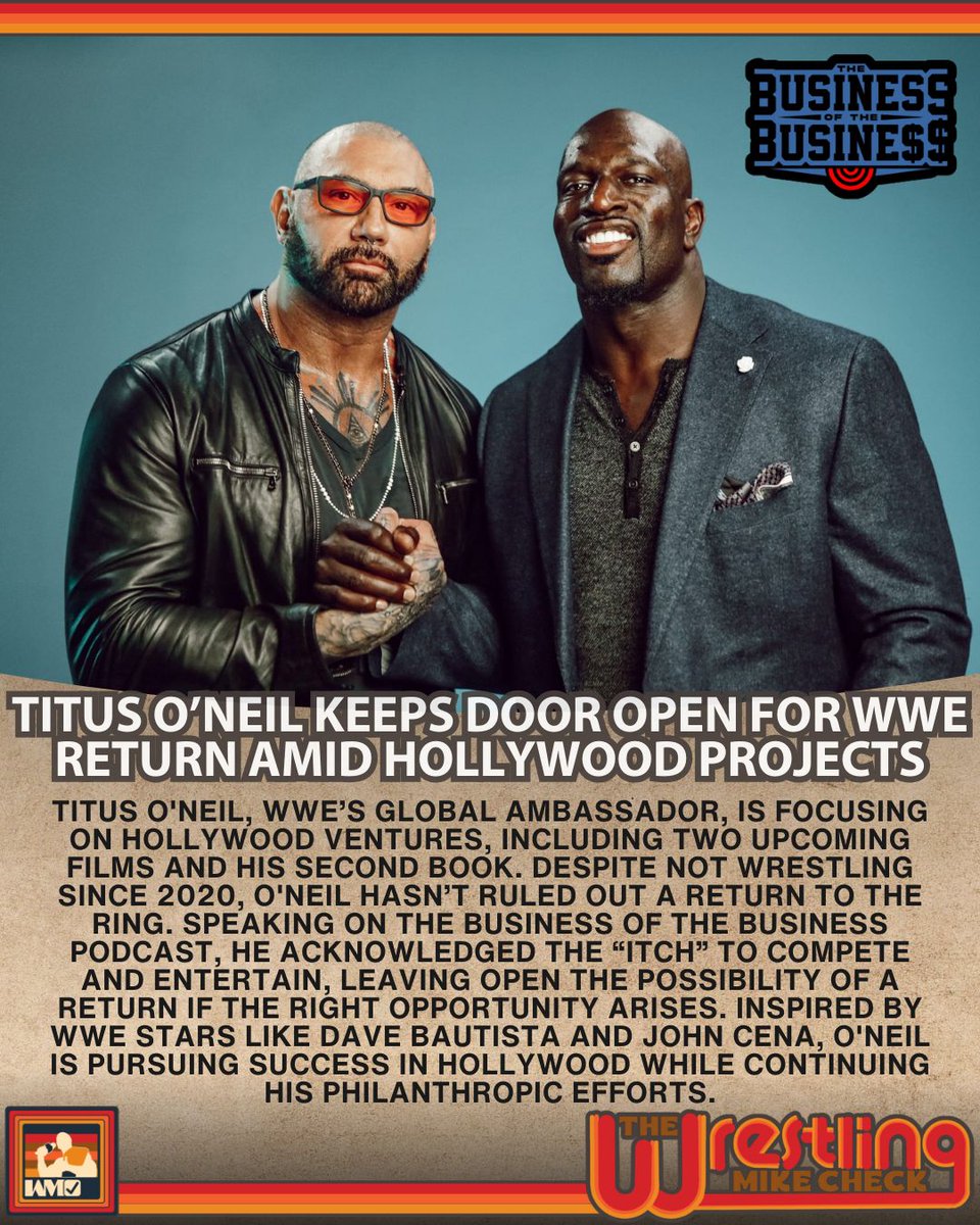 WrestlingMCheck's tweet photo. Titus O’Neil, while thriving in Hollywood and philanthropy, hasn’t closed the door on a WWE return. Speaking on The Business of the Business podcast, he shared that he’d consider wrestling again if the right opportunity arises.
#TitusONeil https://t.co/2OWaFLXBiS