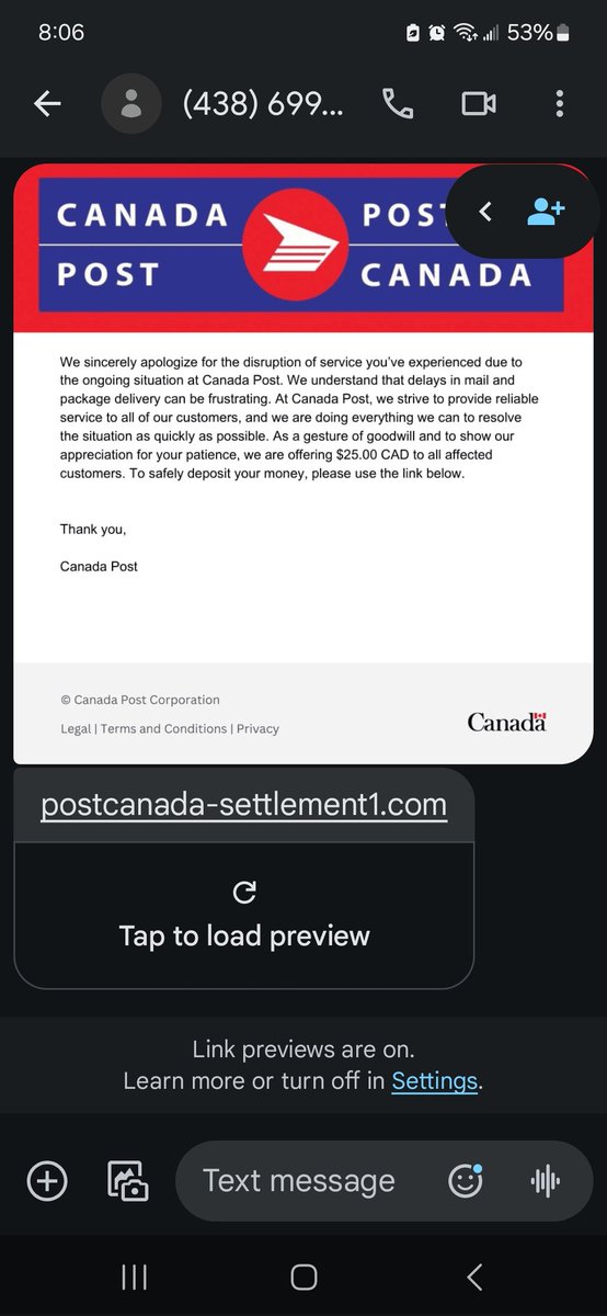 PatrycjaT's tweet photo. @canadapostcorp @canadaposthelps phishing scam text i just received. https://t.co/3HU4cQV6zO