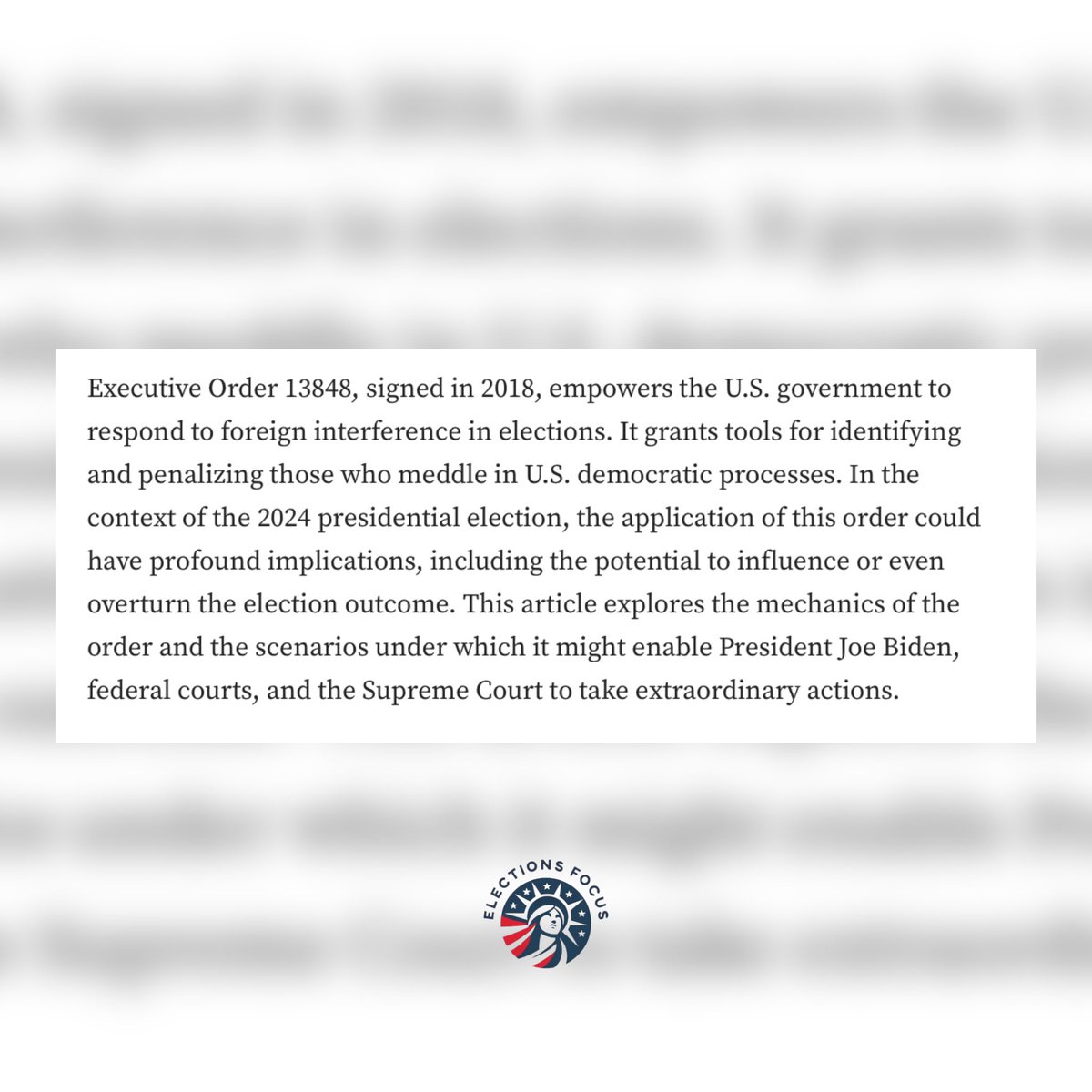 The Biden-Harris administration has the authority to challenge election results under Executive Order 13848 if credible evidence of foreign/domestic interference, such as bomb threats, tabulator malfunctions, or technologies like Starlink being implicated, is substantiated.