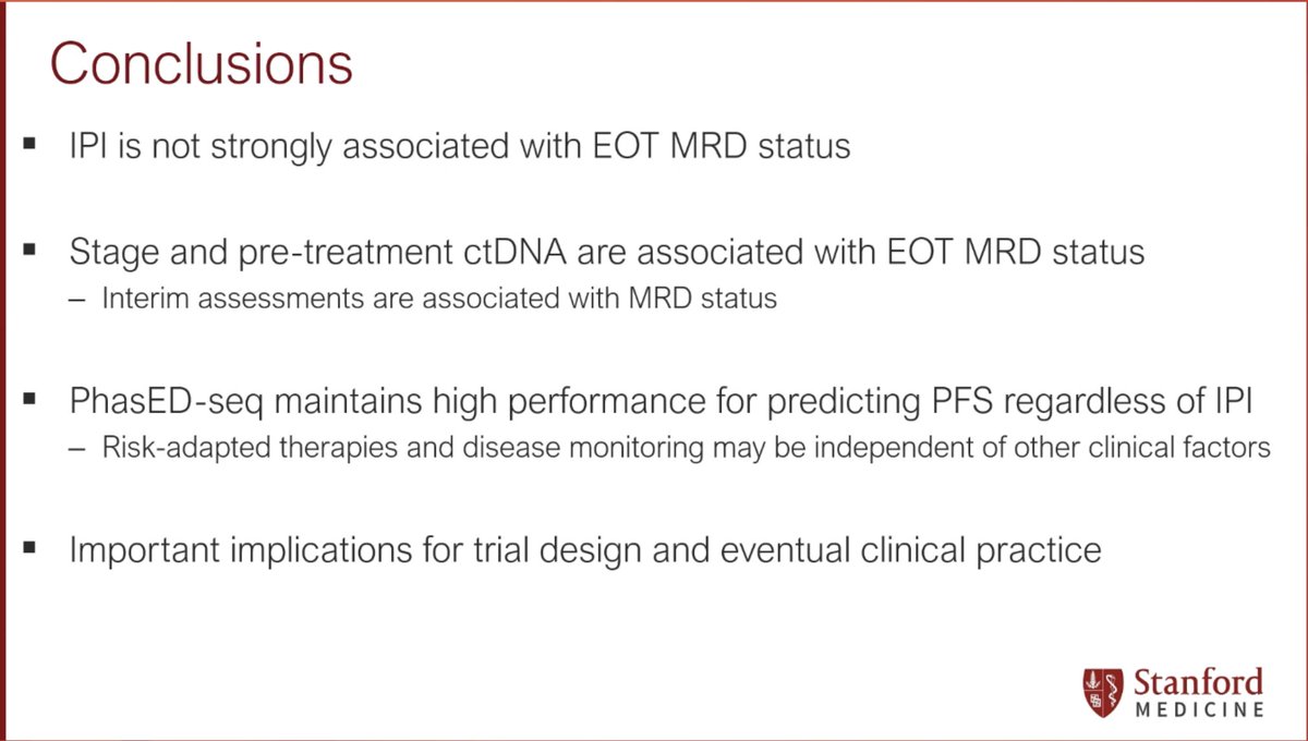 Goldstein: factors predicting EOT MRD+ DLBCL
- IPI did not associate with MRD+ at EOT
- Stage, baseline ctDNA and interim assessments did associate
- EOT MRD+ highly prognostic irrespective of IPI group
#ASH24 #lymsm