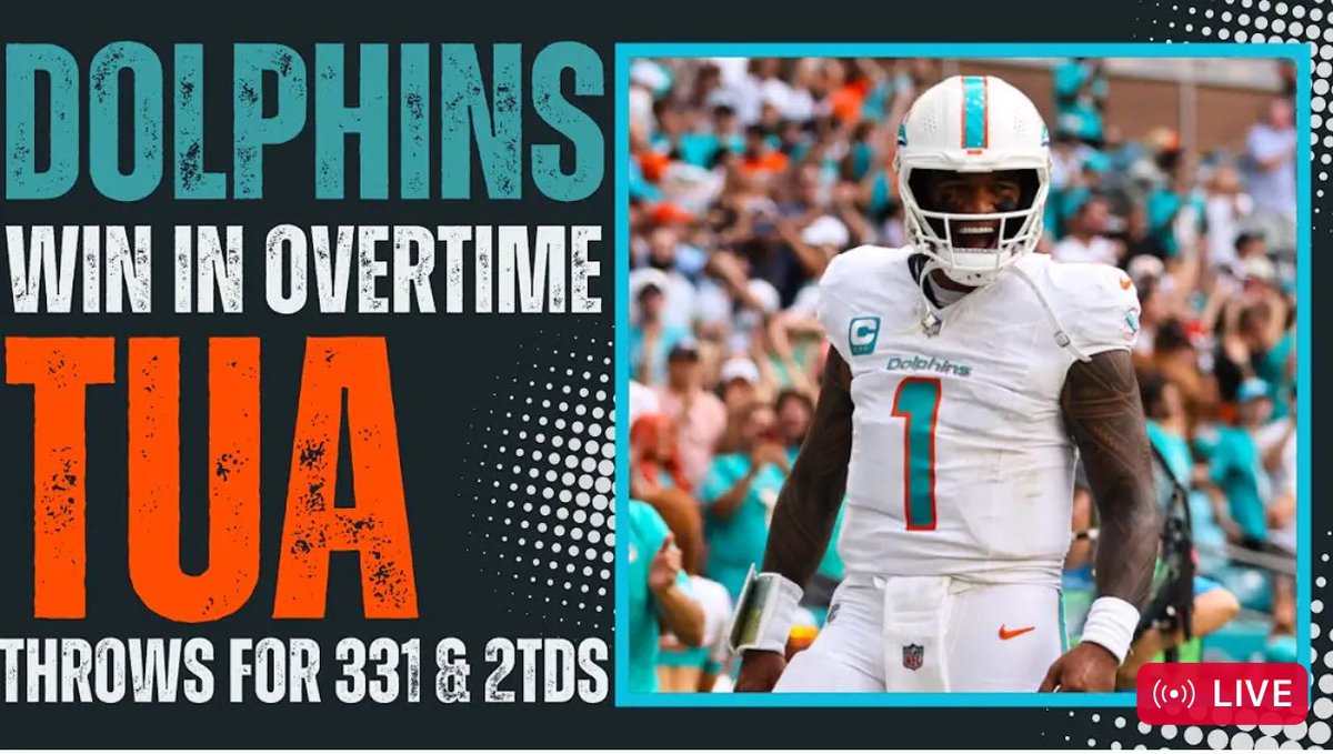 FinsTalkNetwork's tweet photo. OVERTIME WIN! 

Tua throws for 331 yards & 2 TDs to lead the Dolphins to a clutch victory! Catch @BobbyFinsTalk ans @FinStanza for the highlights & analysis on our Dolphins Post Game Show 

streaming LIVE now! #FinsUp #TuaTime #DolphinsWin #NFL #DolphinsNation #GoFins 
 
https://t.co/QebC8vc0PL