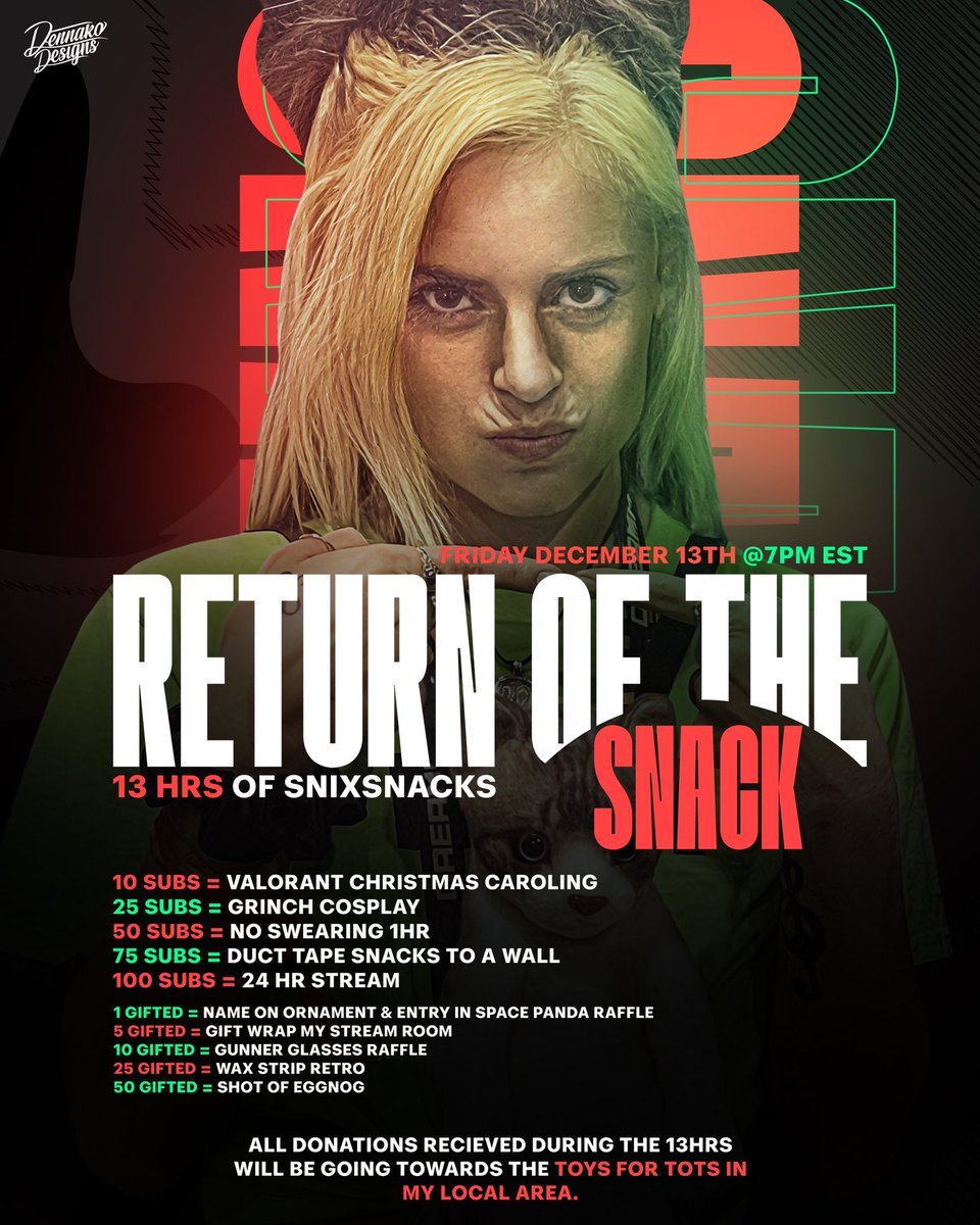 SnixSnacks_23's tweet image. 🚨Join me for a 13-hour comeback stream this Friday, December 13th at 7PM EST

@KickStreaming hope you’re hungry for your favorite SNACK!
Only @ kick.com/snixsnacks
See you there💚🍬🍭

Like, comment, repost this tweet &amp;amp; DM the proof for free raffle entries into both raffles!