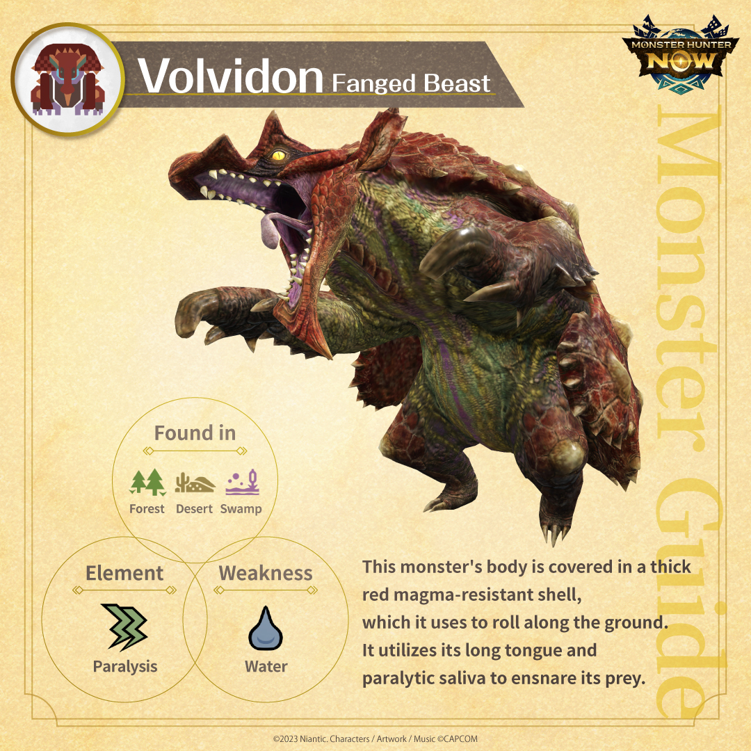 MH_Now_EN's tweet image. A red beast with a barrage of diverse attacks—brace yourself!

#Volvidon

Watch carefully for this monster's characteristic rolling attack! Melee weapons are more effective. 💥

Just a little longer to hunt Volvidon!

#MHNow #MonsterGuideNow