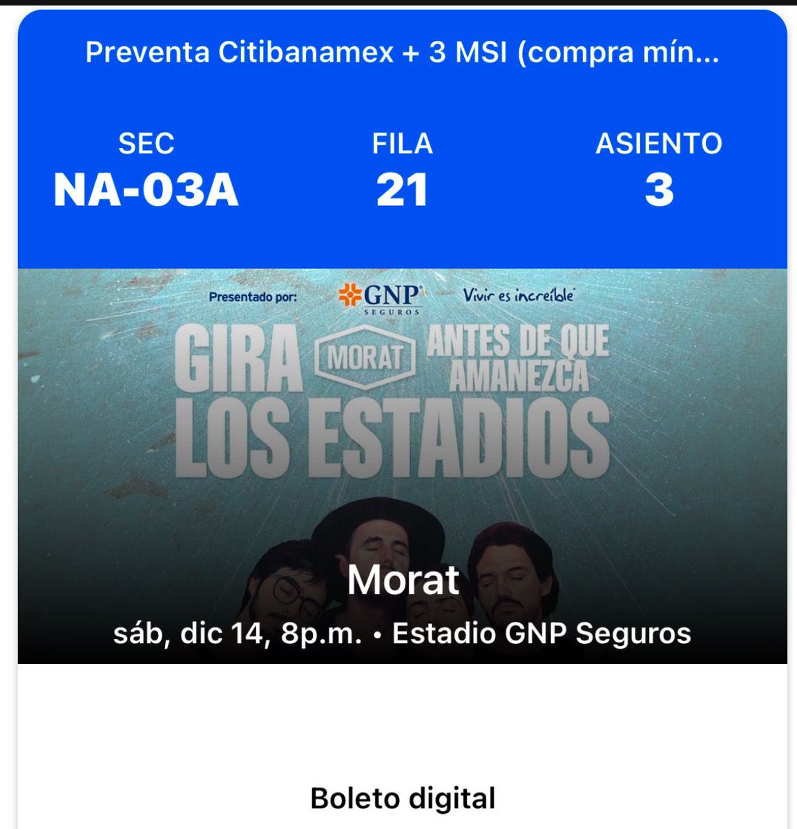 mxallaccess's tweet photo. Un conocido tiene a la venta un boleto digital para Morat el día sábado 14 de diciembre Sección NA-03A

Info por Inbox 

@Vendo_Boletos @boletosMX_ https://t.co/03HJX7ugCZ