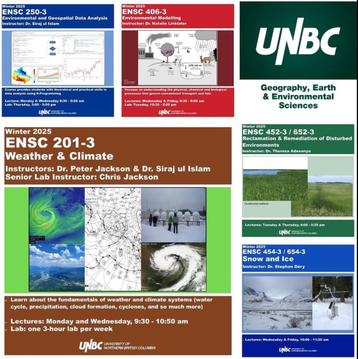 UNBC_GEES's tweet photo. 🌎Our Winter 2025 semester Environmental Science courses feature great instructors including Professors Theresa Adesanya, Peter Jackson, Stephen Déry, Siraj ul Islam, Engineering’s Natalie Linklater &amp; Visiting Researcher Professor Aderonke Oyeyiola!
courses to graduate https://t.co/5tW0SbYwyC