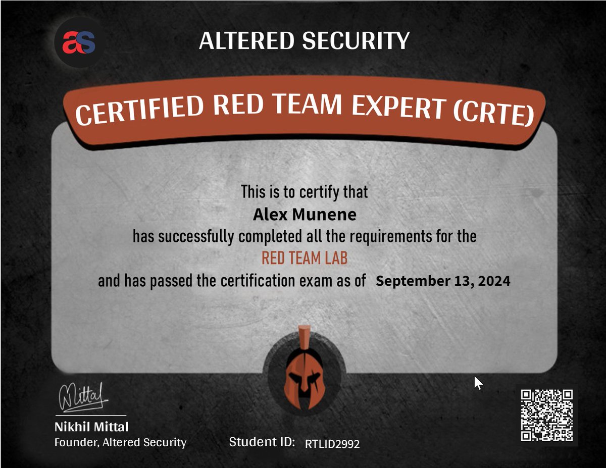 enenumxela's tweet photo. 🎉 Reflecting on 2024 achievements in #Cybersecurity Certification:

🎓 #CRTE - @AlteredSecurity 
🎓 #CRTO - @zeropointsecltd 
🎓 #eCPPT - @INEsecurity 
🎓 #eJPT - @INEsecurity 

Onward to more growth! 🚀💻 #RedTeam #Pentesting https://t.co/eUixqZ51jQ