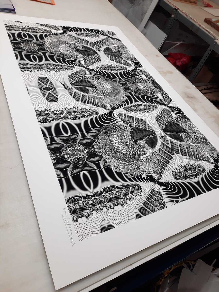 In addition to working on large scale interactive installations in China and UK I am working again with my printers in Brighton to get the quality I want on my drawings. Here we are working on getting a "black black" on one of my unique B+W Mutator Infinity drawings on Hahnemuhle