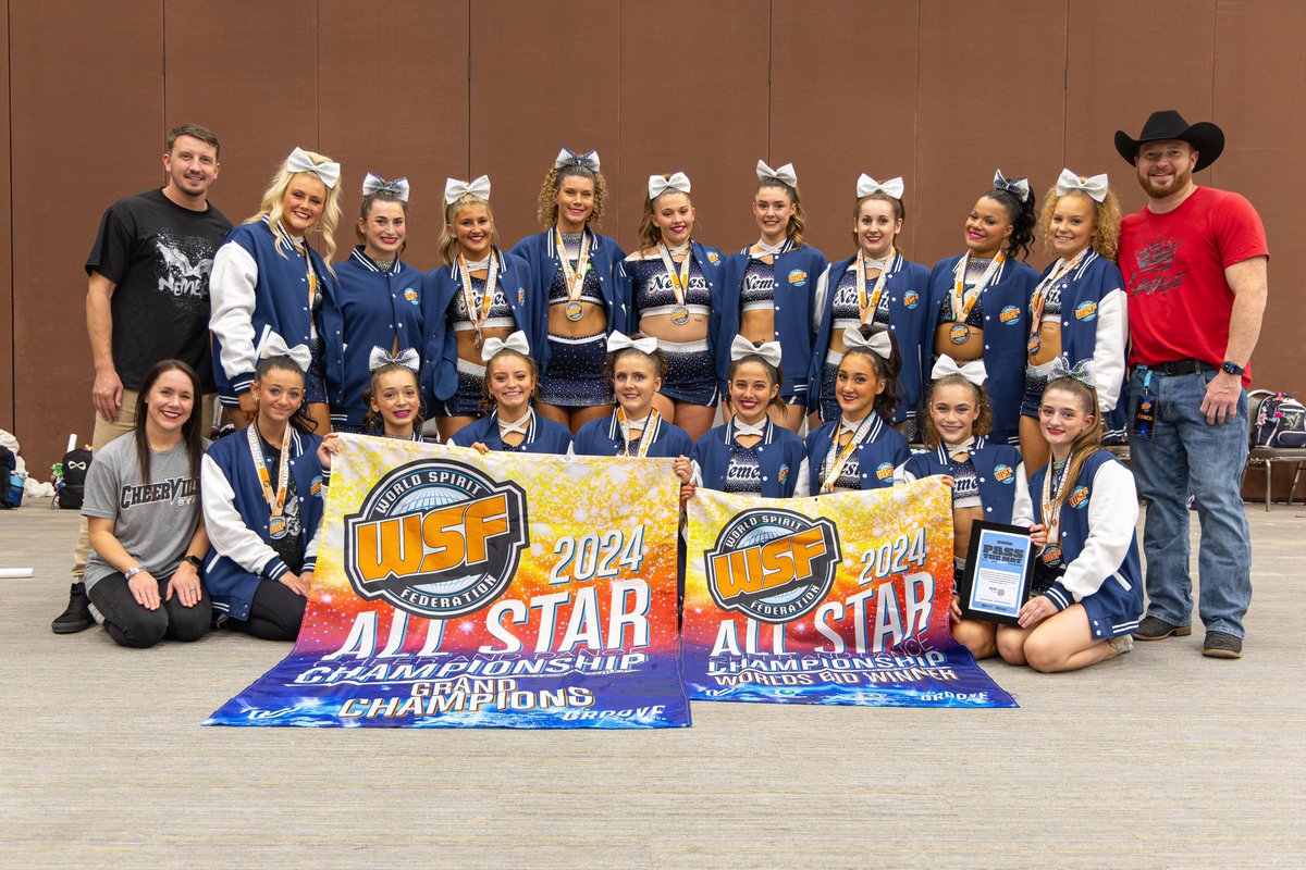 Congratulations to CheerVille Nemesis on receiving an incredible weekend at WSF 2024 in Louisville, KY! 🖤⚔️ #NOD 

1st Place 🥇 Extra Small Senior Level 6 National Champions
Level 6 GRAND CHAMPIONS 🏆
PAID BID 💸 to the 2025 Cheerleading World Championship l

#VillainsDoItBetter