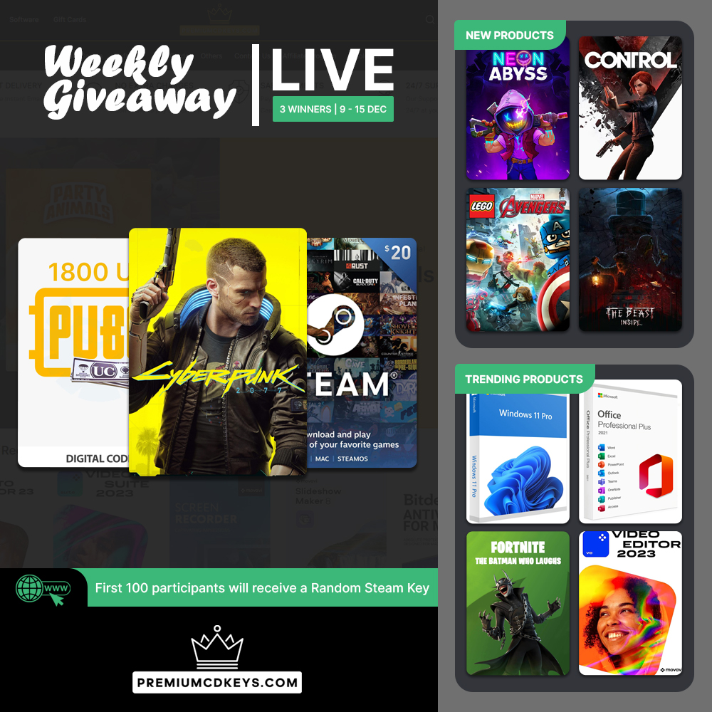 premiumcdkeys's tweet photo. Our Weekly #Giveaway is Live!

Participate for a chance to win Cyberpunk 2077 GOG Game, #Steam $20 USD Gift Card and #PUBG Mobile 1800 UC Gift Card.

To participate visit: https://t.co/vZgown7vv9

#Contest ends on 15 December 2024, 3 Winners will be selected randomly! #Giveaways https://t.co/UFRB0TXkfz