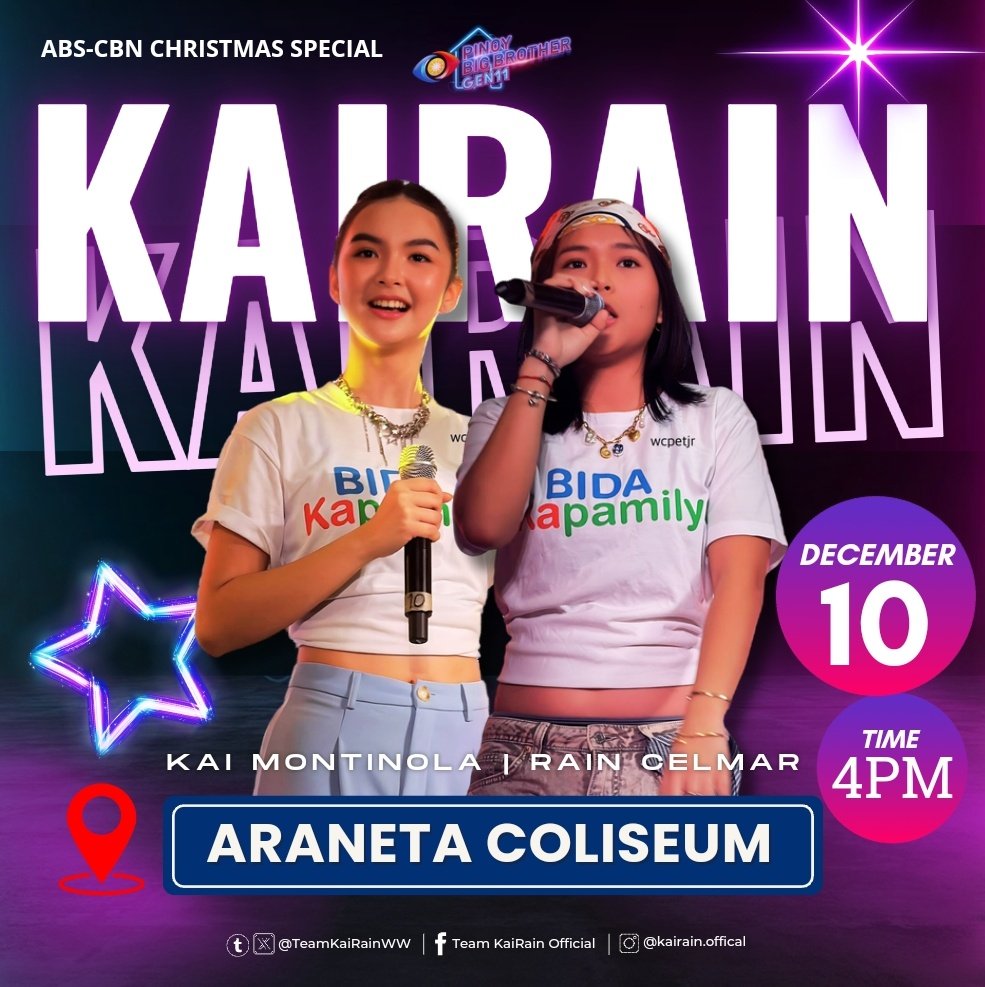 Hello everyone!

We are looking for #KaiRain Homies who wants to support and cheer for KaiRain live on Araneta this December 10, 2024.

DM us for more details. Thank you!