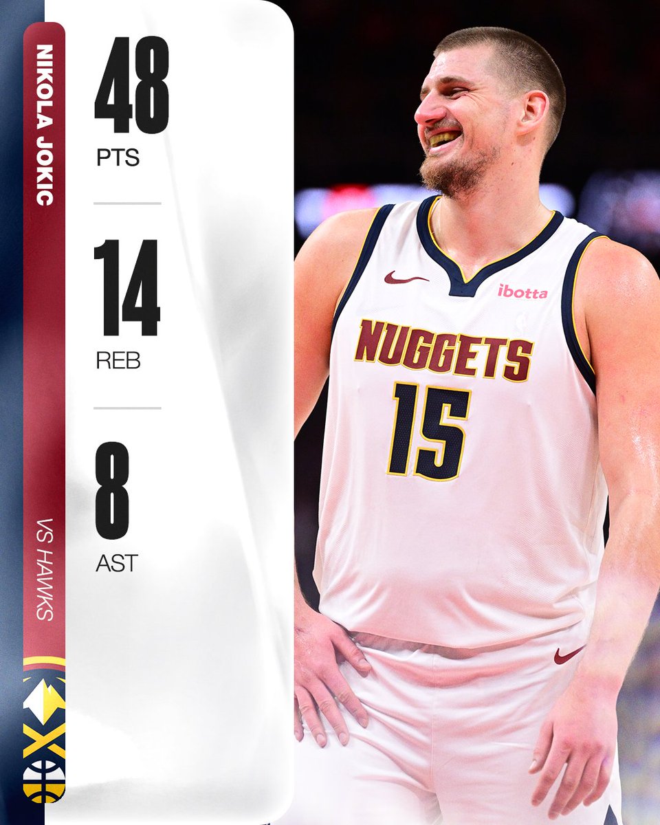 SportsCenter's tweet photo. JOKIC FOLLOWS UP HIS 56-POINT PERFORMANCE WITH A 48-PT GAME 🔥 https://t.co/Fyjc5SRPAZ