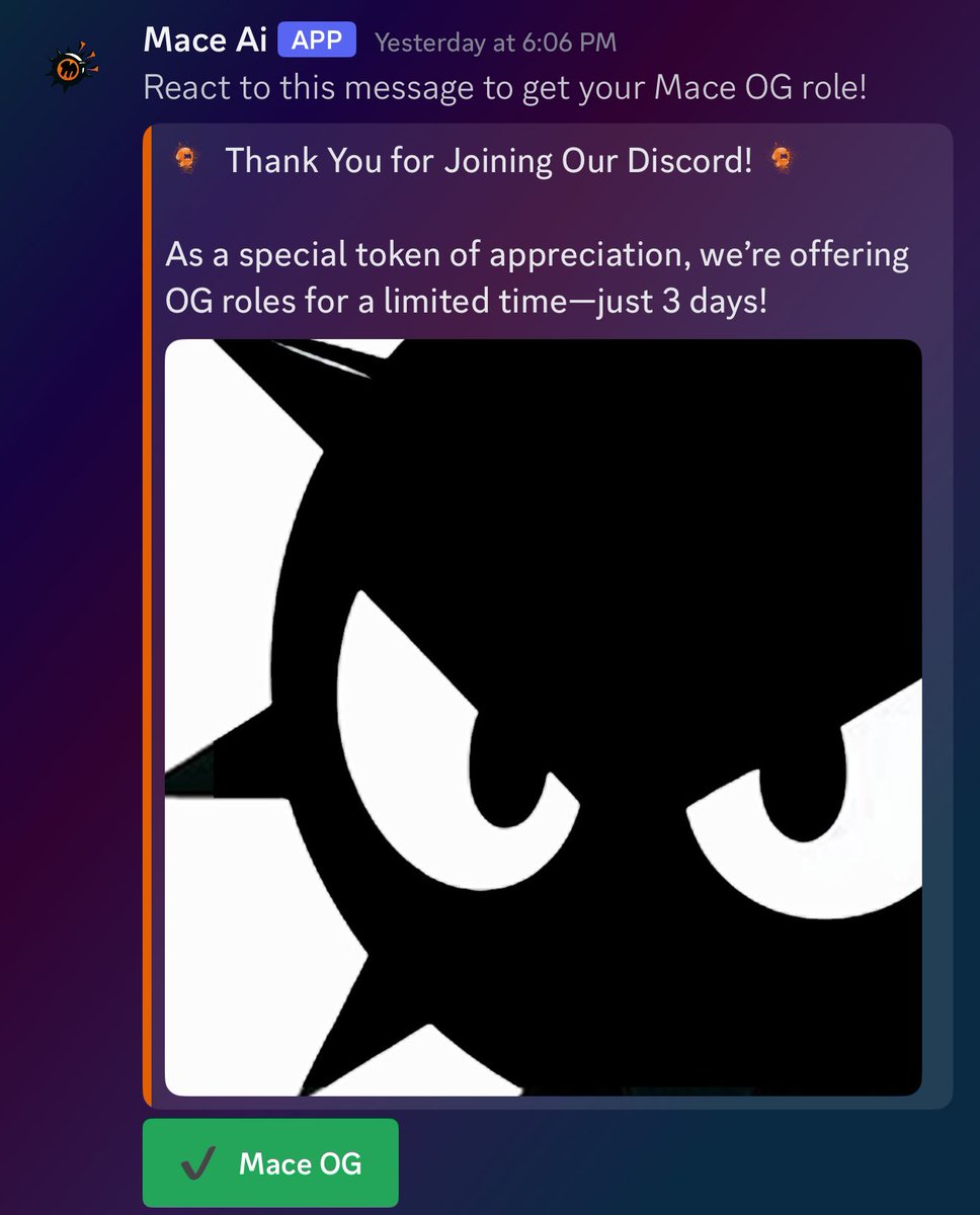 Claim your OG Role for <a href="/mace_ag/">Mace</a> 

1. Join Discord: discord.com/invite/X2u2UY4…
2. Verify yourself (hopefully the bot doesn’t break)
3. Head over to minor announcements channel and Claim your Mace OG Role

Deadline: 3 Days Remaining

Retweet/Like if you want more tweets like this!