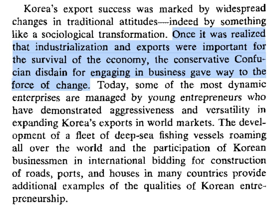 Notions of what cultural traits are "good" for development are quite malleable.

In an 1971 IMF report, "Korea's Export Success, 1960-69", "the conservative Confucian disdain for engaging in business" is cited as an *obstacle* to export-led growth: