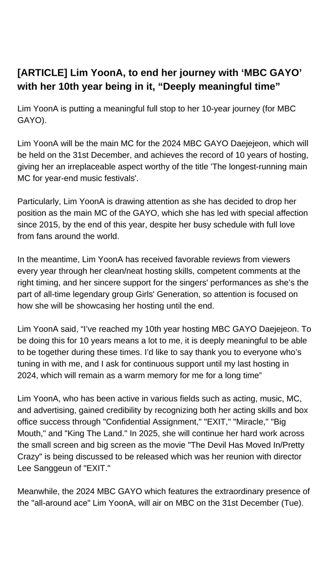 ordinarynojaem's tweet photo. [FULL ARTICLE] Lim YoonA, to end her journey with ‘MBC GAYO’ with her 10th year being in it, “Deeply meaningful time”

Lim YoonA, the MC for the 2024 MBC GAYO with the records of 10 years of hosting, giving her an irreplaceable aspect worthy of the title 'The longest-running main MC for year-end music festivals'.

Lim YoonA has received favorable reviews from viewers every year through her clean/neat hosting skills, competent comments at the right timing, and her sincere support for the singers' performances.

➫ https://t.co/FUrkU9QxFq