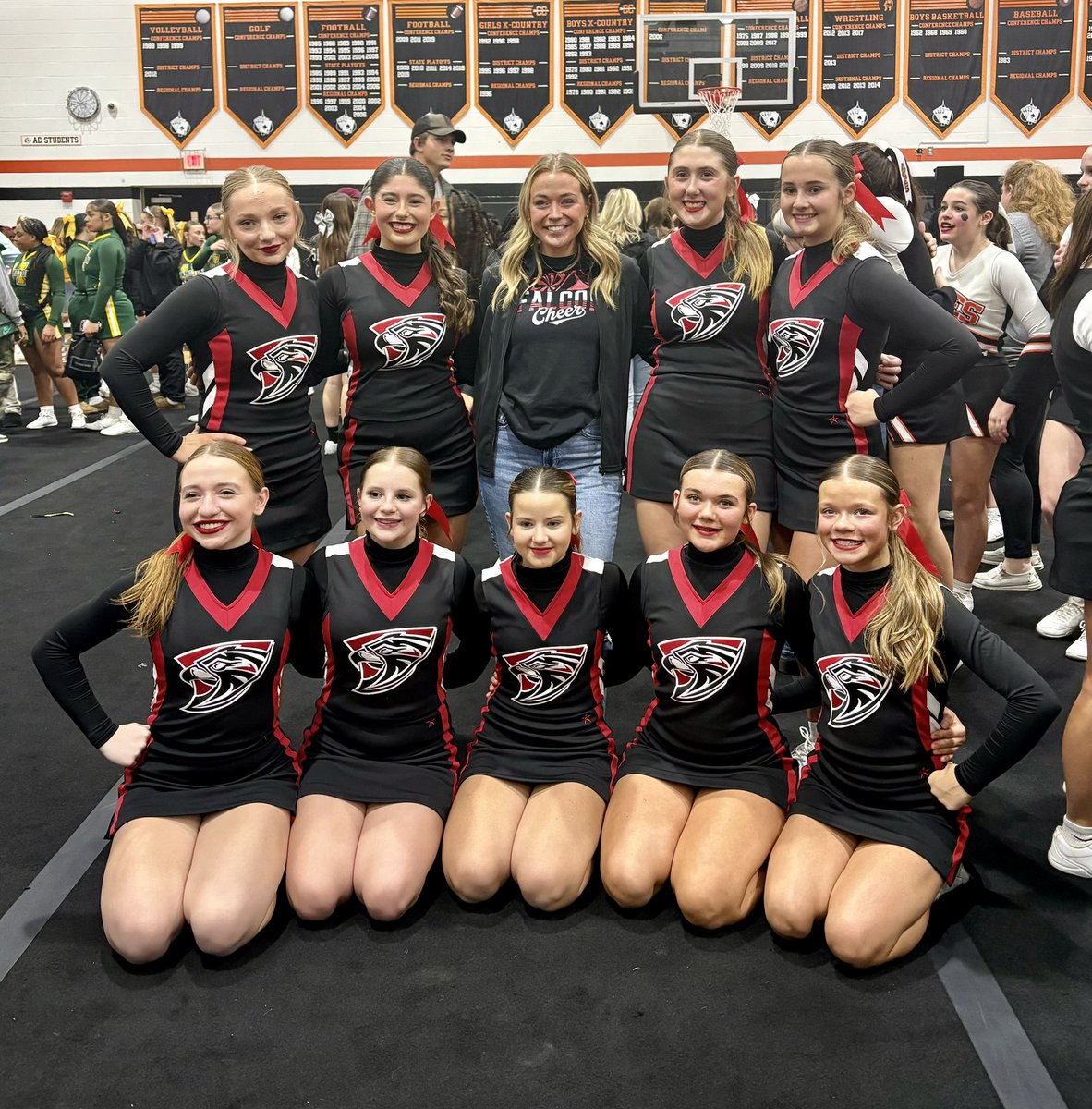 SO proud of our competition team for their performance at the MSL Game Day competition, despite one of their songs cutting off early and the second song taking over a minute to get started! These girls did a great job at fighting through it! #FalconCheerleading #IAGDTBAF