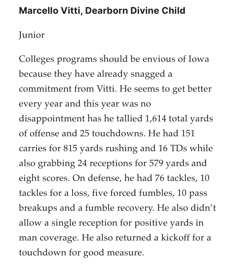 Marcello Vitti-2026-Athlete (Safety/Nickel/CB/RB) (@marcello_vitti) on Twitter photo Honored to be named First Team All State for the second year in a row by MI coaches <a href="/michiganhsfca/">MHSFCA</a> and Metro Detroit Dream Team <a href="/MLiveSports/">MLive Sports</a> <a href="/MLive/">MLive</a> <a href="/JaredPurcellDET/">Jared Purcell</a> where MI’s best players compete! <a href="/claney101/">Chris Laney</a> <a href="/DCHS_Football14/">DCHS Football</a> <a href="/RisingStars6/">Rising Stars Academy</a> <a href="/ReggieWynns/">Rising Stars Scouting</a> <a href="/MickMcCabe1/">Mick McCabe</a> Honored to be named First Team All State for the second year in a row by MI coaches <a href="/michiganhsfca/">MHSFCA</a> and Metro Detroit Dream Team <a href="/MLiveSports/">MLive Sports</a> <a href="/MLive/">MLive</a> <a href="/JaredPurcellDET/">Jared Purcell</a> where MI’s best players compete! <a href="/claney101/">Chris Laney</a> <a href="/DCHS_Football14/">DCHS Football</a> <a href="/RisingStars6/">Rising Stars Academy</a> <a href="/ReggieWynns/">Rising Stars Scouting</a> <a href="/MickMcCabe1/">Mick McCabe</a>