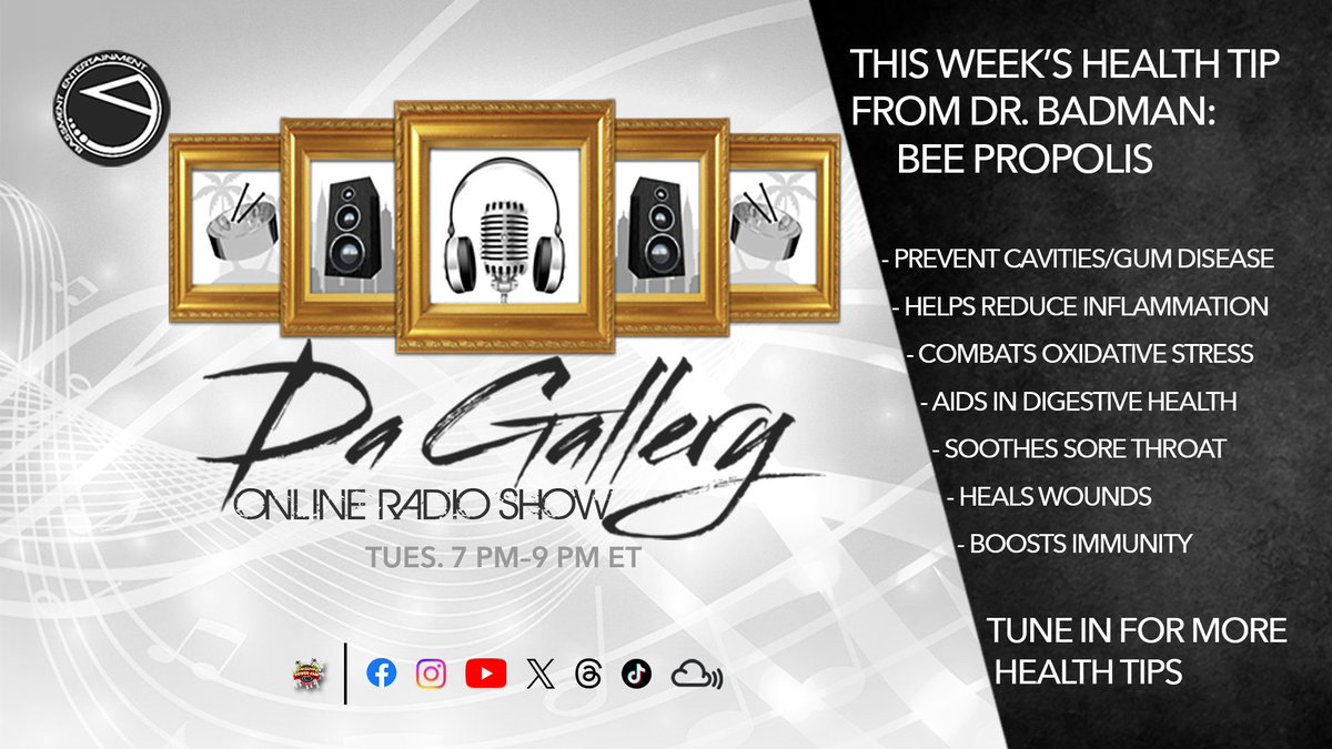 DaGalleryShow's tweet image. #HealthTip by Dr. BadMan on the previous show about #BeePropolis.

Disclaimer: He is not a real doctor. He just plays one on the #radio.

Join @DaGalleryShow with @BenyaminBMB every Tues from 7-9 PM ET

facebook.com/DaGalleryShow/ youtube.com/DaGallery

#DaGallery