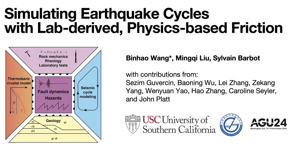 Interested in rock mechanics and earthquakes? Come and check out our #AGU24 presentation MR13C-05 tomorrow (Mon. 2:50-3:00) at Marquis 1-2. <a href="/quakephysics/">Sylvain Barbot</a> <a href="/USC_earth/">USC Earth Science</a> 
Looking forward to your feedbacks! Happy to discuss/chat any time.

Follow me on Bluesky: naturebrother