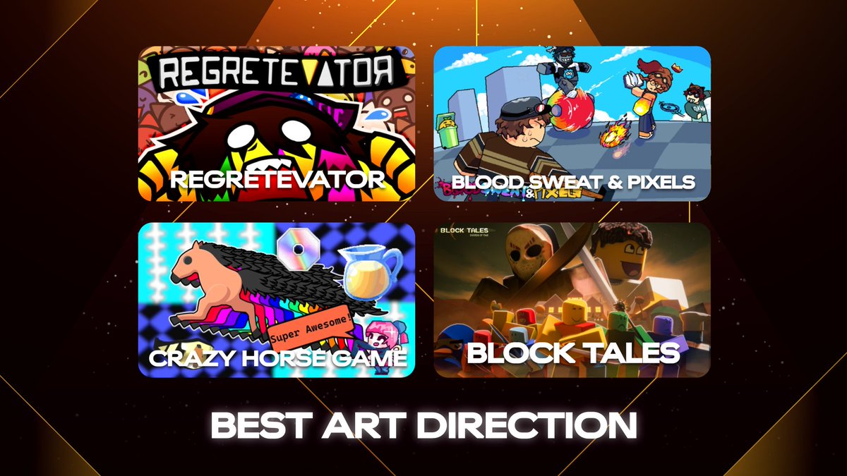 Every game starts with a vision. These creative decisions help to form the games that we love the most. Here are your nominees for "Best Art Direction".

Regretevator
Blood Sweat &amp; Pixels
Crazy Horse Game
Block Tales

#TheCreatorAwards