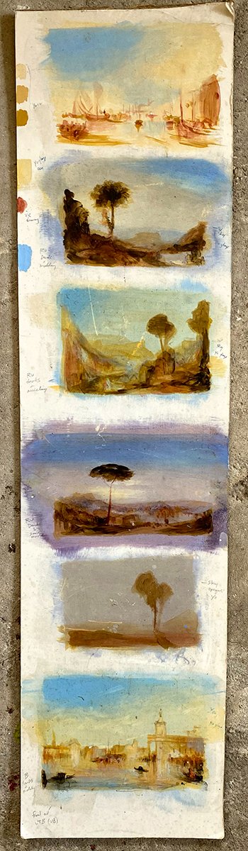 Richie_Bober's tweet photo. Richard Bober, Color Notes from Turner, n.d. 6" x 24"
Richard would endlessly analyze and copy works he adored by various Old Masters.  A favorite was the land/sea-scapes of the English Romantic painter J. M. W. Turner.  Acrylic &amp; Oil w/pencil notes on illustration board fragment https://t.co/sVmcZOrCnP