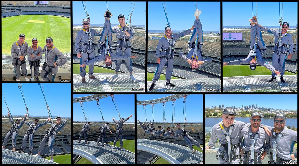 EES_Shipping's tweet photo. Three of the EES team spent their Saturday taking to the sky – well the rooftop – enjoying the lofty view from atop Optus Stadium. The trio got to enjoy the Ozone at Optus Stadium and take on the VERTIGO challenge – stepping onto the stadium roof and taking in views of Perth. https://t.co/LLp7G03PaQ