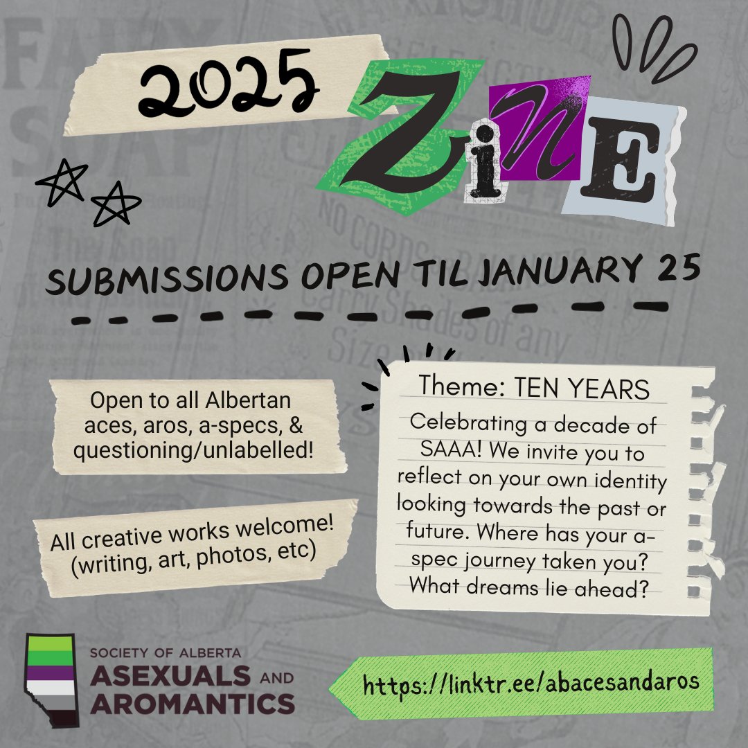 To celebrate 10 years of the Alberta Aces &amp; Aros, we're launching a new Zine! All creative works are welcome; whether you want to look to the past or future, we invite you to reflect on your own identity &amp; a-spec journey. Submission deadline Jan 25. Link in bio for details 💜💚
