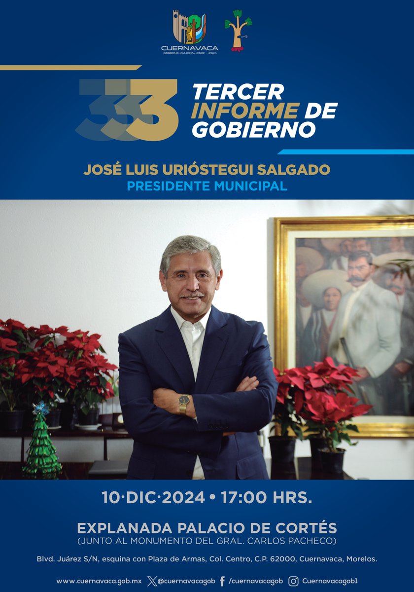 CuernavacaGob's tweet photo. ¡#Cuernavaca Contigo Avanza!  

Te invitamos a ser parte del 3er Informe de Gobierno.🏙 ¡Ven con tu familia y conoce los logros que estamos construyendo juntos, en tu beneficio y de tu comunidad!

📅 10 de diciembre
🕔 5:00 p.m.
📍 Explanada del Palacio de Cortés https://t.co/amzF37kbBI