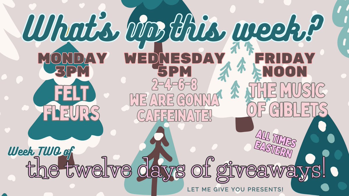 artinjest's tweet photo. #whatsupthisweek ???
MONDAY at 3 it’s time for felt fleurs.
WEDNESDAY 2-4-6-8 we are gonna caffeinate!
FRIDAY at noon it’s time for the music of giblets!
PLUS it’s week TWO of our TWELVE DAYS OF GIVEAWAYS! 🤩🎄
#liveontwitch #twelvedaysofgiveaways #itsanartstream #sortof https://t.co/w1ZUxPHEMz