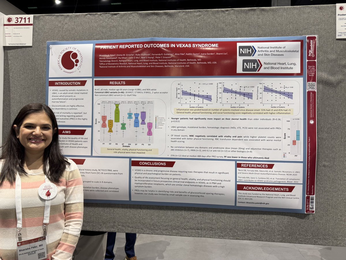 emmamgroarke's tweet photo. Check out my @nih_nhlbi colleague @bhavishap29 ‘s poster reporting our work in patient reported outcomes in #VEXAS. Patients reported  high symptom burden. #ASH24 @ASH_hematology https://t.co/mIXQP0cwAY