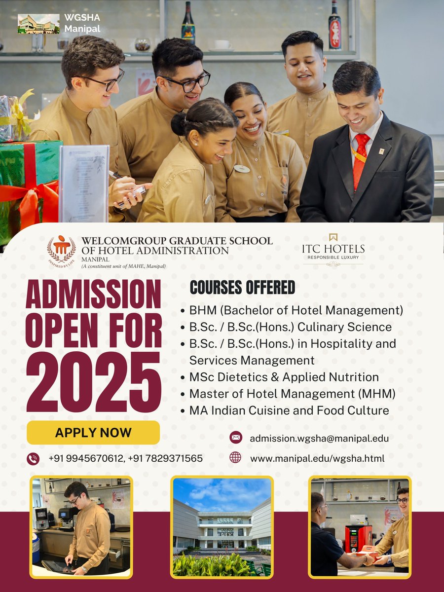 WManipal's tweet image. Welcomgroup Graduate School of Hotel Administration (WGSHA) is now accepting applications for admissions 2025.
Link - apply.manipal.edu
More details - manipal.edu/wgsha.html
#AdmissionsOpen #hotelmanagement #culinaryschool #wgsha #mahe #manipal #mahemanipal