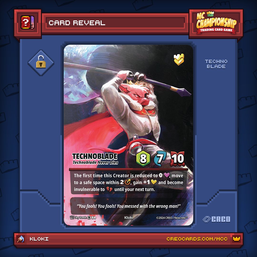 Honored to be able to reveal the amazing art by <a href="/jester_u/">Kloki</a> for Technoblade's MCC:TCG cards

So grateful to <a href="/Noxcrew/">Noxcrew</a> &amp; <a href="/creocards/">CREO</a> for including him as a special bonus creator--you will find the Technoblade cards only in the Booster Boxes

Order by 12/31 at creocards.com/mcc