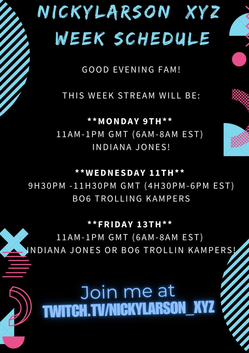 XYZ_NickyLarson's tweet photo. Join me at https://t.co/97Ejo23JG8!
Let's have fun!
#streaming #gaming #partnergrind #twitchpartnergrind #smallstreamers #BO6 #indianajones #TwitchStreamers #Twitch相互フォロー #twitchgaming #schedule
@BulletFam @40Fam2022 @SmallStreamersC @RetweetOnTwitch https://t.co/eCch04pW4K