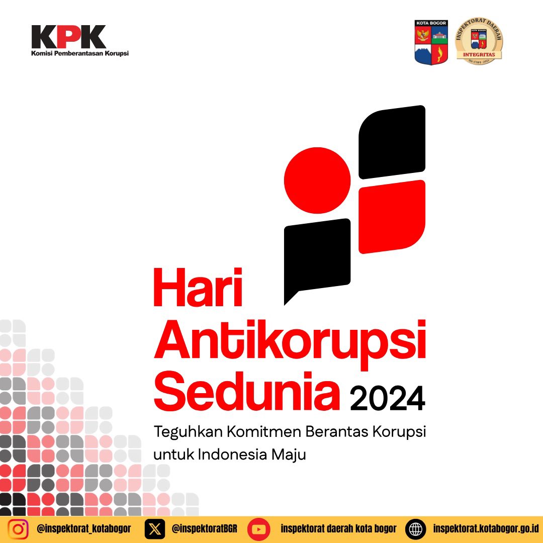 Inspektorat Daerah Kota Bogor mengucapkan Selamat Hari Anti Korupsi Sedunia 2024, “Teguhkan Komitmen Berantas Korupsi untuk Indonesia Maju” 

#HAKORDIA #HAKORDIA2024 #InspektoratDaerahKotaBogor #KotaBogor #BogorBerlari