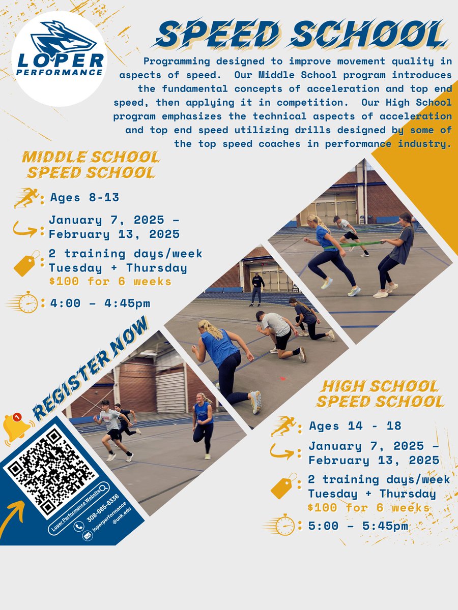 UNKLoperPerf's tweet image. The tide that lifts all boats!
Be sure to enroll your athlete in our Winter Speed School. Perfect for the Track, In-Season, or Out-of-Season athlete. 🏎️💨
Register using the QR Code or the link below.
unk.edu/academics/hper…