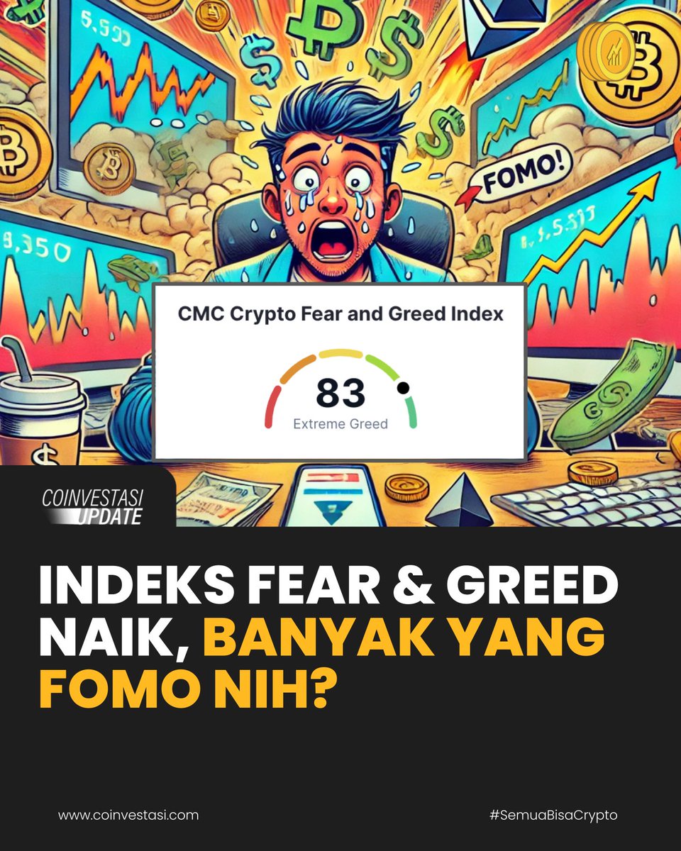 coinvestasi's tweet photo. Indeks Crypto Fear & Greed udah nyentuh Extreme Greed! Balik lagi kayak pas Maret 2024 (pas Bitcoin baru cetak ATH baru)
Sekarang balik lagi, karena Bitcoin terus2an cetak ATH baru, terakhir di level $103k. Banyak yang fomo kah? https://t.co/2iyX7XtsKS