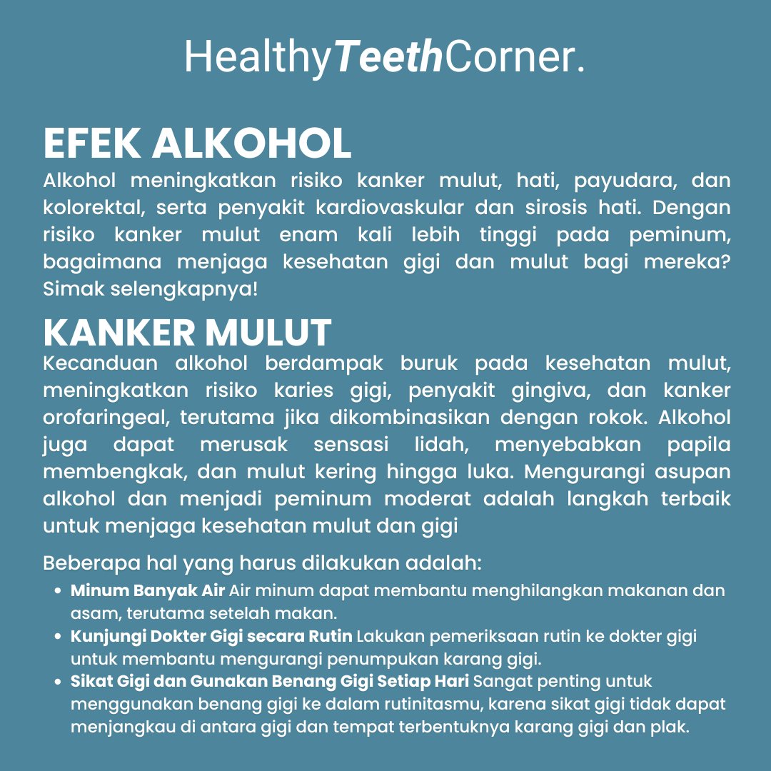 Teeth_Corner's tweet photo. Yuk, mulai sekarang bijak mengelola konsumsi alkohol. Batasi asupan dan rawat gigimu secara rutin. Ingat, senyum sehat dimulai dari kebiasaan yang sehat!

#healthyteethcorner #Hodcaa #DentalClinic #DentalClinicBSD #PemiumDentalClinic #aestheticdental #israel #Cambodia https://t.co/qHfHV1CNI4