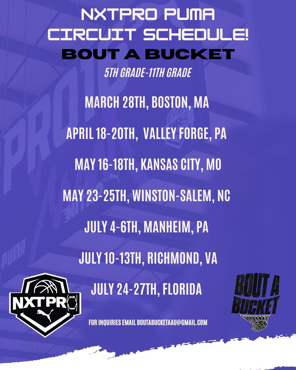 Bout A Bucket Travel Basketball Organization (@boutabucket__) on Twitter photo We’re outside this AAU season with <a href="/NxtProHoops/">NXTPRO Hoops</a>
Check out our schedule and stay connected for more details regarding open runs/tryouts coming soon!
Are You Bout A Bucket Certified?
#BoutABucket #FAMILY #PUMAHoops We’re outside this AAU season with <a href="/NxtProHoops/">NXTPRO Hoops</a>
Check out our schedule and stay connected for more details regarding open runs/tryouts coming soon!
Are You Bout A Bucket Certified?
#BoutABucket #FAMILY #PUMAHoops