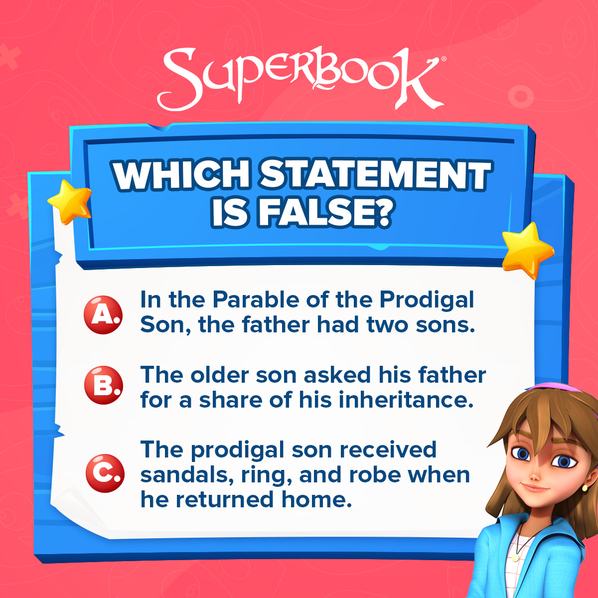 SuperbookTV's tweet image. SuperParents, want to make learning the Bible fun for your kids? 🎉 Play #WhichStatementIsFalse and explore God’s Word together! 🙌 #BibleGames #BibleTrivia #TwitterGames