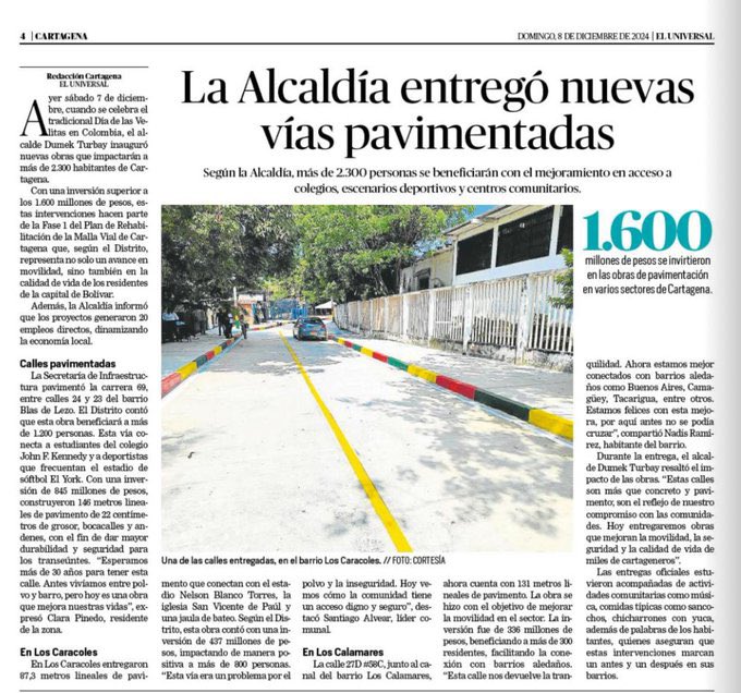 alejaharris's tweet photo. Obras que representan más que cemento, se trata de dignificación, calidad de vida, movilidad y goce colectivo de #ImpuestosQueSíSeVen 

Velitas en #Cartagena con calles nuevas en #BlasDeLezo #LosCalamares y #LosCaracoles 
#CartagenaSeTransforma https://t.co/CSKu2ilYpS