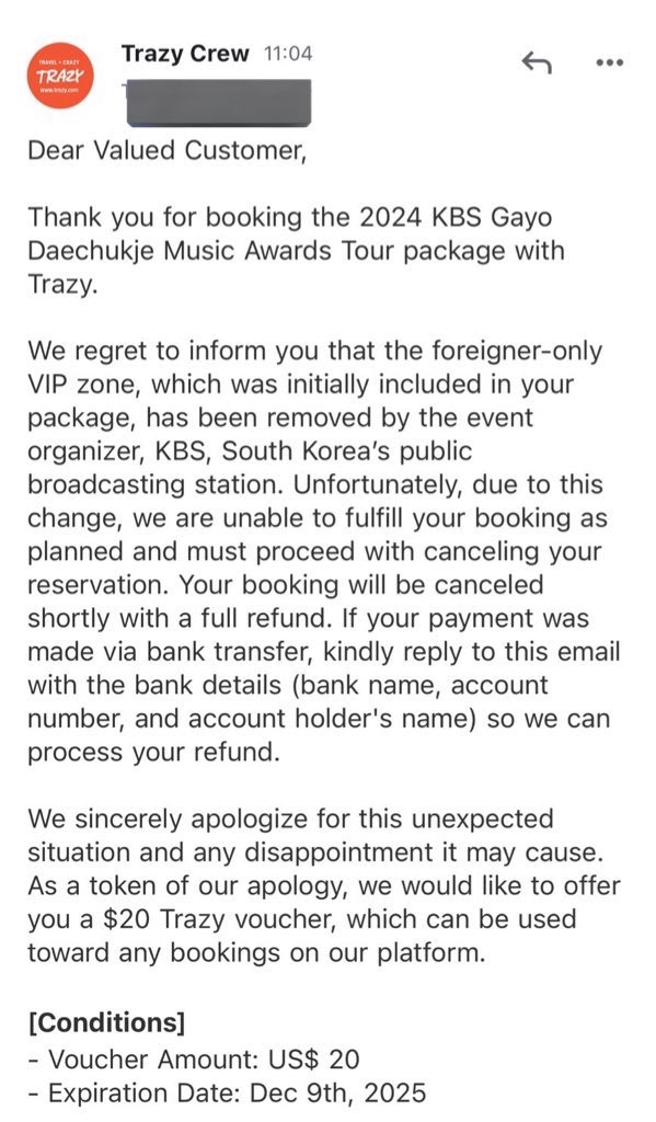 #RT 혹시 12/20 KBS 가요대축제 VIP 티켓을 Trazy라는 대행사를 통해 구매하신 분 계신가요..
제 친구가 갑작스럽게 취소를 당해서 당황하고 있습니다..
같은 이메일을 받으신 분이나 다른 대행사를 통해 외국인 전용 VIP 티켓을 구매하신 분들이 혹시 계셨으면 DM 부탁드립니다ㅠㅠ

#KBS가요대축제