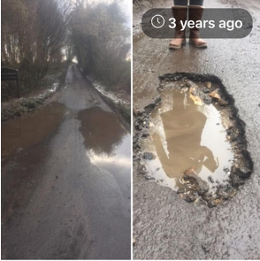 CyclingLawyers's tweet photo. I litigated over this 'defect' 3 yrs ago against Kent County Council. Pair of boots (full human size) for scale. I couldn't believe then and still can't that this was disputed all the way to settlement........ #pothole #fillthathole @WeAreCyclingUK @Cycle_SOS @Fletchers_Group https://t.co/JTrdgTdRW5