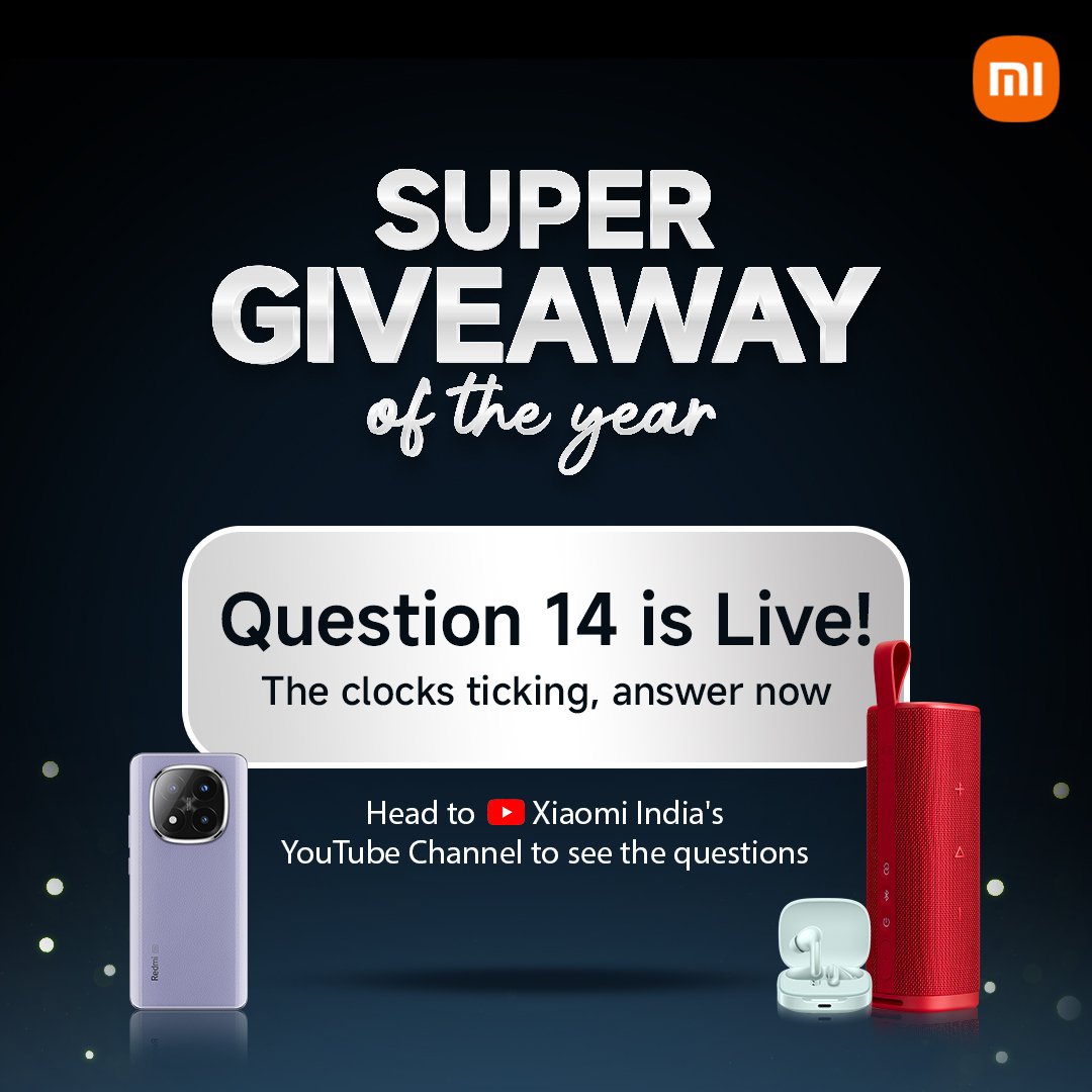 XiaomiIndia's tweet photo. Last question! Question 14 is now LIVE! This is a fun one!  #Giveaway

Head over here and don't miss your chance: https://t.co/Ww32o2Vtw3

Share your answer below using #RedmiNote14 #XiaomiSoundOutdoorSpeaker #RedmiBuds6 https://t.co/rDQQhWsN6F