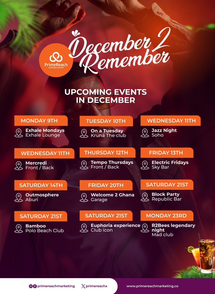 PrimeReachX's tweet photo. Are you ready to wrap up the year ?
Hereโs a guide to all the electrifying concerts and events that will have you dancing the night away.
From the streets very own revival concert to the magical Promiseland.
#Dettydecember
#December2remember
#Primereachmarketing https://t.co/abm1O1VCMR
