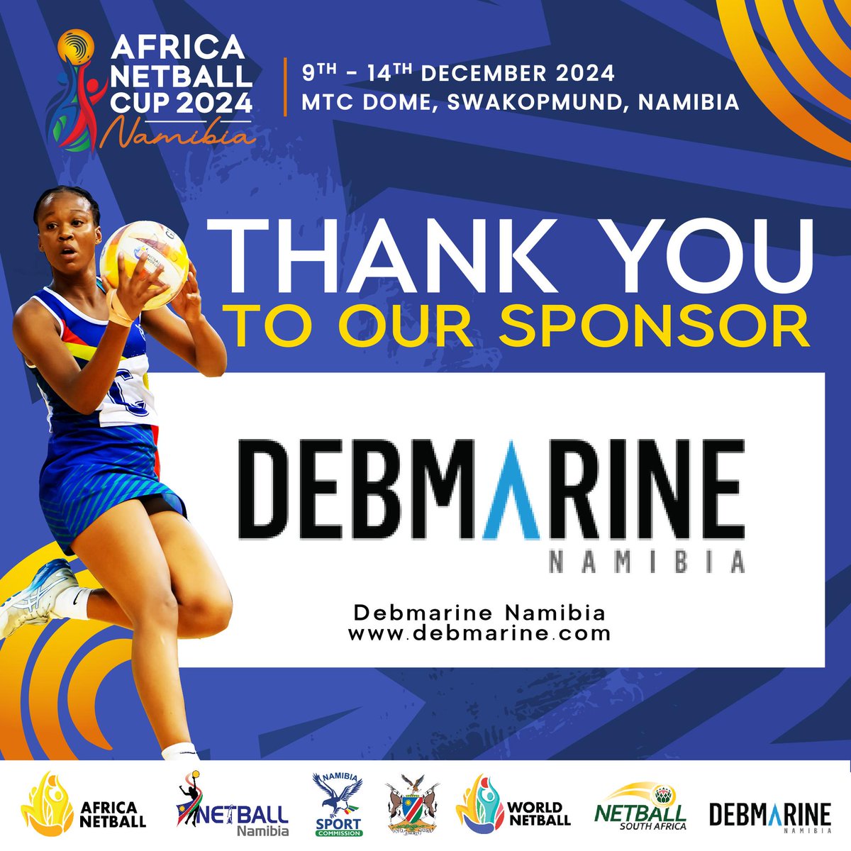DebmarineN's tweet photo. We are proud to support the #AfricaNetballCup 2024! 🤗💙🖤 Join us at the MTC Dome in Swakopmund for unforgettable netball moments. 🏆
📢⚽ #Swakopmund 🌊 #Namibia 🇳🇦 #DebmarineNamibia 🚢⚓💎 #NetballNamibia 🏐🤾🏻 #AfricaNetballCup2024 #MTCDome #AfricanNetballLegends https://t.co/CTW6k4Jicr