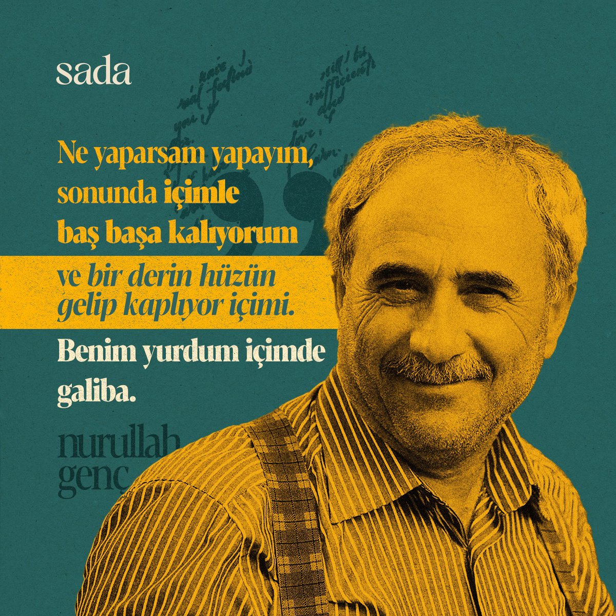 "Ne yaparsam yapayım, sonunda içimle baş başa kalıyorum ve bir derin hüzün gelip kaplıyor içimi. Benim yurdum içimde galiba."

| Nurullah Genç

#haftanınsadası #nurullahgenç