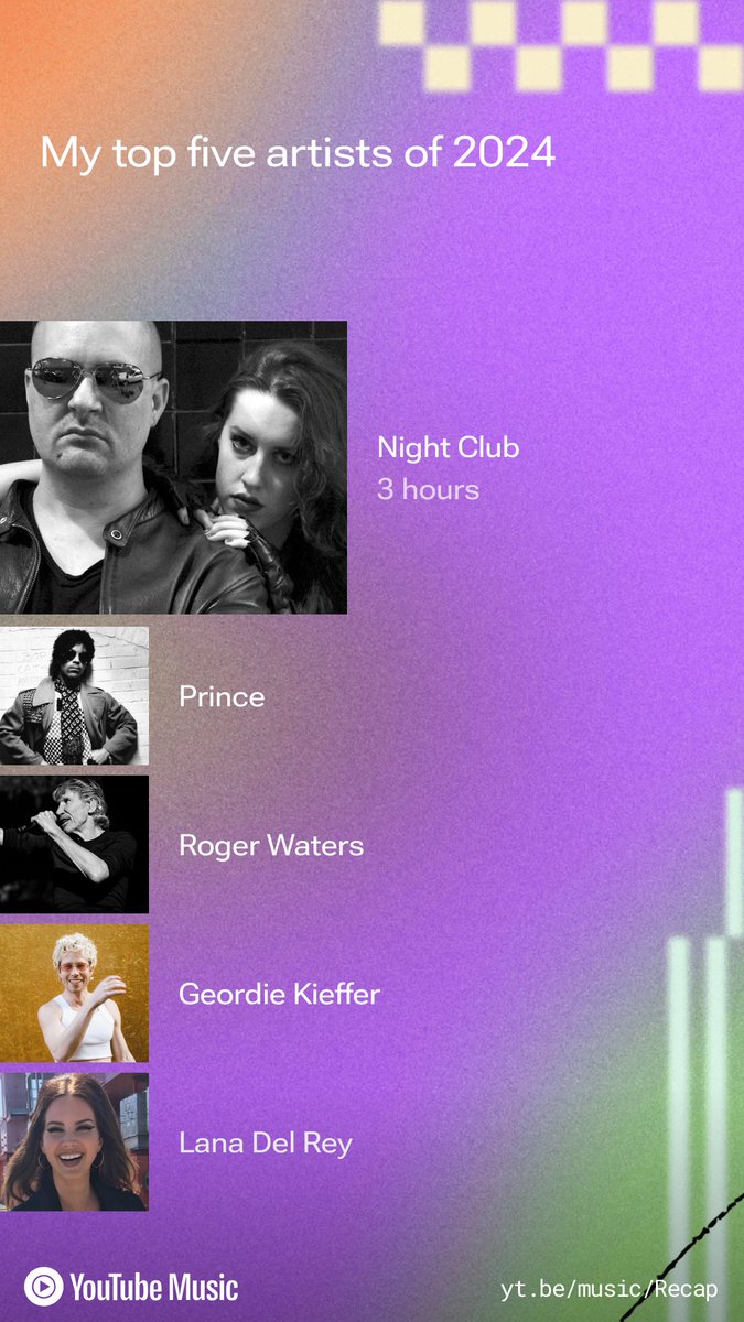 YouTube music recap 2024.
My top 5 artists #nightclub #prince #rogerwaters #geordiekieffer #lanadelrey 
 #youtubemusic #ytm #recap #2024 #music