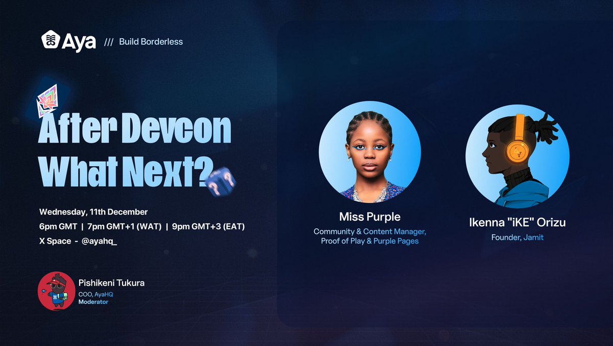 ayahq_'s tweet photo. Next up, we have @misspurple, an AfroSolarpunk creative and community leader @PirateNation She’s building @basedafricaSA and #PurplePages, championing creative solutions and sustainable futures for Africa through art, tech, and community-building.
Lastly, @iKEOrizu founder of @jamitHQ is a creative mind dedicated to bringing positive change to the world. With a focus on advancing infrastructure in Africa through cutting-edge technologies, Ike is passionate about making a real impact in today’s world.
If you’ve not set a reminder, set a reminder right away! https://t.co/OC1djJPKpN
#Devcon2024