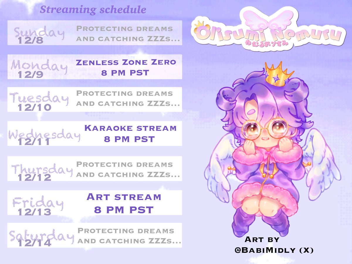 OlisumiNemuru's tweet photo. Stream schedule for the week is up! Back on track as usual this week! 💜🌙 #vtuber #streamschedule #vtuberidol #indievtuber #olisuminemuru #twitch #twitchstreamer #contentcreator https://t.co/TDWULtx5QC